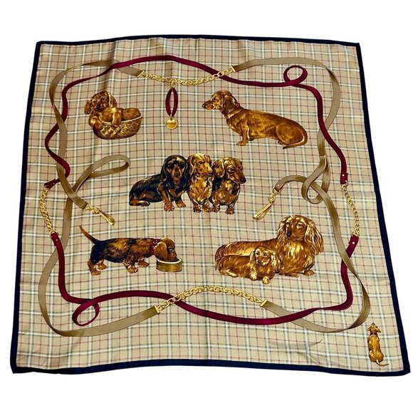 Talbots Vintage 100% Silk Dachshunds Dogs Puppies Square 26” Scarf - Picture 1 of 9